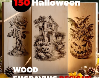 Halloween Wood Engraving Bundle, 150 Laser PNG Designs, Haunted House Pumpkin Skeleton Art for Glowforge xTool, Digital Download