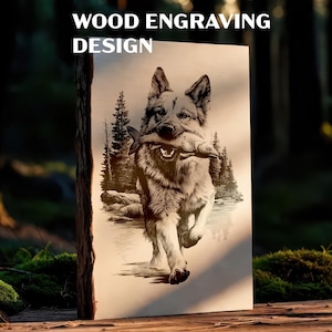 May include: Wood engraving design featuring a detailed illustration of a dog carrying a fish in its mouth. The artwork is in black and white, set against a backdrop of a forest and water. The text "WOOD ENGRAVING DESIGN" is at the top.