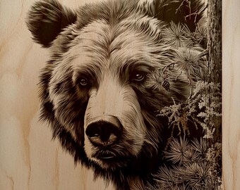 Portrait of Majestic Grizzly Bear Double Exposure Mountain Forest PNG For Professional Wood Laser Engraving