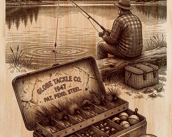 Incisione su legno vintage a tema pesca PNG | Design laser su legno | File per decorazione murale verticale con scatola da pesca | Decorazione per baita | Download immediato