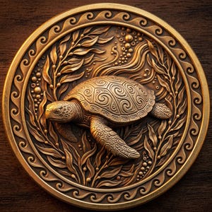 May include: A detailed bronze-colored medallion featuring a sea turtle surrounded by aquatic plants and bubbles. The turtle has an ornate shell design. The outer edge of the medallion has a wave pattern.