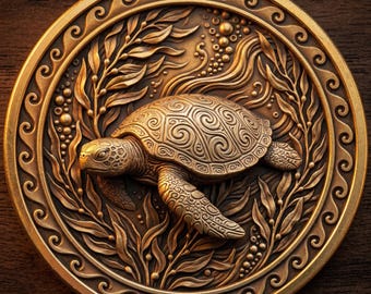 Sea Turtle Tribal Coin Depth Map | Polynesian 3D Engraving PNG | Ocean Heightmap | xTool LightBurn Wood Coin Blank