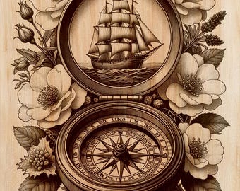 Bussola vintage incisa su legno PNG | Design per arte laser su legno | File per decorazione murale verticale nautica | Arredamento rustico da viaggio | Download immediato