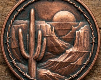 3D Coin Depth Map Desert Cactus | Laser Engraving PNG | Western Landscape Grayscale Relief | CNC Router File | Fiber Laser Design