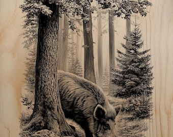 Maestoso cinghiale in un paesaggio forestale PNG per decorazioni murali con incisione laser su legno professionale