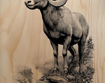 Majestic Ram Engraving PNG | Bighorn Sheep Canyon Laser Art | Mountain Wildlife Wood Burn File | Glowforge xTool Raster
