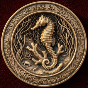 May include: A circular bronze-toned medallion featuring a relief sculpture of a seahorse centered among coral, seaweed, and small crustaceans. The outer border displays a continuous, intricate maze-like pattern, providing a textured frame.