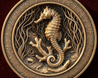 Seahorse Coral Reef Coin Depth Map | Marine Life Ocean 3D Engraving PNG | Underwater Heightmap | xTool LightBurn Wood Coin Blank