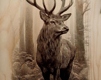 Ciervo clásico de bosque en plena naturaleza, PNG para grabado láser en madera profesional. Arte mural.