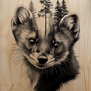 Puede incluir: Ilustración detallada en blanco y negro de una marta con una escena de bosque incorporada en su cabeza. La obra de arte está sobre un fondo claro de vetas de madera, creando un contraste llamativo.