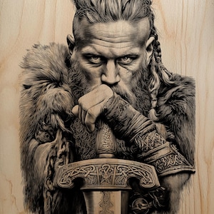 May include: A detailed woodcut-style portrait of a Viking warrior with a long beard, holding a sword. The image is in black and white, with intricate details on the warrior's face, fur-lined cloak, and the sword's hilt.
