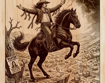 Outlaw Cowboy Wood Engraving PNG | Laser Wood Art Design | Western Vertical Wall Art File | Rustic Ranch Decor | Instant Download