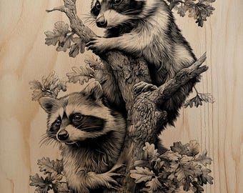 Playful Pair Of Raccoons Climbing Oak Tree PNG For Professional Wood Laser Engraving Art