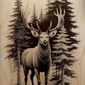 May include: A detailed wood-burned art piece featuring a majestic stag with large antlers standing in a forest of pine trees. The artwork is rendered in shades of brown and black, creating a rustic and natural aesthetic. The stag is the focal point.