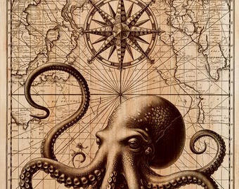 Kraken Octopus Wood Engraving PNG | Laser Wood Art Design | Vintage Map Vertical Wall Art File | Nautical Decor | Instant Download