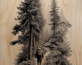 Incisione di un escursionista sul sentiero in formato PNG | File laser di un sentiero di montagna | Arte incisa su legno per avventure rustiche | Raster Glowforge ad alta risoluzione