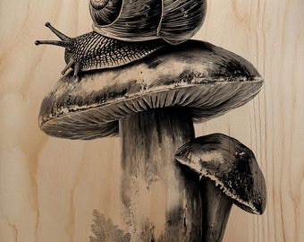 Lumaca rustica su fungo selvatico PNG digitale per incisione laser su legno professionale, arte murale