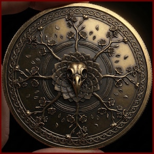 May include: A circular bronze-toned medallion featuring a central bird skull relief surrounded by a layered floral mandala pattern. Intricate branches with blooming flowers extend outward toward the edge, which is framed by a braided border.