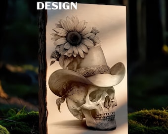 Detailed Floral Skull Wood Engraving PNG, Memento Mori Sunflower Art, Botanical Skull Pyrography File