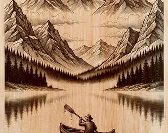 Incisione su legno PNG di Canoa, Montagna e Lago | Design per arte laser su legno | File per arte verticale da parete a tema natura selvaggia | Decorazione per baita | Download immediato