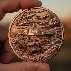 May include: A detailed bronze coin featuring a warship, tank, and fighter jets. The coin's design includes ocean waves and clouds, with intricate relief details. The coin is held between fingers.
