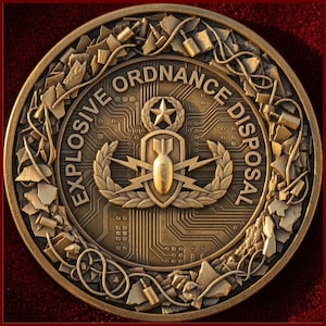 May include: A bronze-colored coin with the words "EXPLOSIVE ORDNANCE DISPOSAL" encircling the center. The center features a star, a bomb, and lightning bolts. The coin has a detailed circuit board design.