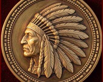 Native American Chief Profile Coin Depth Map | Indigenous Heritage 3D Engraving PNG | Vintage Numismatic Heightmap | xTool LightBurn Wood