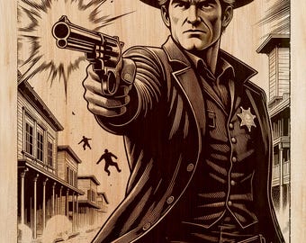 Sheriff Wood Engraving PNG | Laser Wood Art Design | Western Vertical Wall Art File | Rustic Saloon Decor | Instant Download