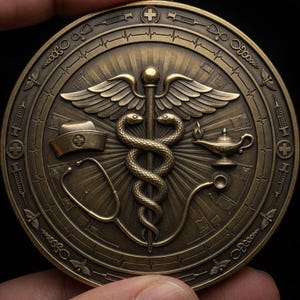 Könnte beinhalten: Eine kreisförmige Medaille in Bronzetönen mit einem zentralen geflügelten Caduceus-Symbol, flankiert von einer Krankenschwesterhaube und einer Öllampe. Ein Stethoskop verläuft unten. Der Rand zeigt wiederkehrende Spritzen, Kreuze und Herzlinien.