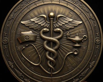 Può includere: Un medaglione circolare color bronzo con un simbolo centrale di caduceo alato, affiancato da una cuffia da infermiere e una lampada a olio. Uno stetoscopio si curva sul fondo. Il bordo presenta siringhe, croci e linee di battito cardiaco.