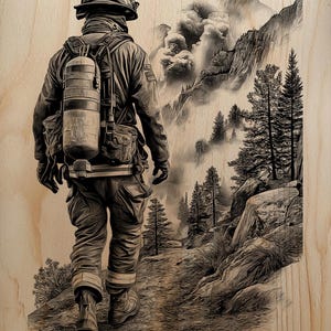 May include: Monochrome illustration of a firefighter walking away from the viewer, ascending a mountain path. The firefighter wears full gear, including a helmet, oxygen tank, and protective clothing. The background depicts a smoky mountain scene with trees.