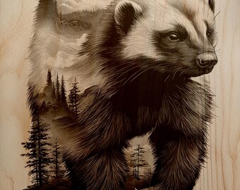 Fearless Wolverine Double Exposure Mountain Landscape Portrait PNG For Wood Laser Engraving Wall Art