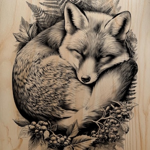 Puede incluir: Ilustración detallada de un zorro durmiendo, acurrucado con la cola alrededor de su cuerpo. El zorro está rodeado de helechos, hojas y bayas, todo representado en tonos de negro y gris sobre un fondo de madera clara. Los ojos del zorro están cerrados.