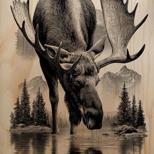 May include: Black and white illustration of a moose drinking from a lake, with mountains and trees in the background. The moose has large antlers and is reflected in the water. The image is on a wood grain background.