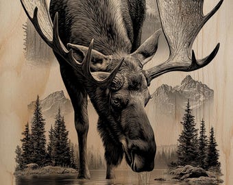 May include: Black and white illustration of a moose drinking from a lake, with mountains and trees in the background. The moose has large antlers and is reflected in the water. The image is on a wood grain background.