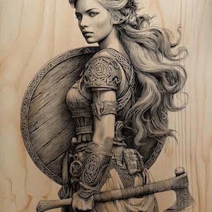 May include: A detailed black and white illustration of a female warrior with long flowing hair, a shield, and an axe. The artwork is set against a wood grain background, emphasising the textures and details of the warrior's attire and weapons.