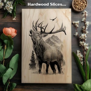 Gravyr av älg i Bugling-stil, PNG | Massiv laserfil av horn | Vedeldad konst av bergshjort | Högupplöst Glowforge-raster