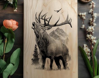 Bugling Elk Engraving PNG | Massive Antler Laser File | Mountain Stag Wood Burn Art | High-Res Glowforge Raster