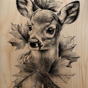 Puede incluir: Ilustración en blanco y negro de la cabeza de un ciervo, enmarcada por hojas de arce estilizadas. La obra de arte está sobre un fondo claro de vetas de madera, creando una estética rústica y natural. El pelaje del ciervo está finamente detallado.