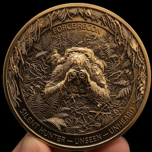 May include: A circular bronze-toned commemorative coin featuring a relief of a figure in a ghillie suit looking through binoculars amidst dense foliage. The text FORCE RECON is at the top, and SILENT HUNTER - UNSEEN - UNHEARD is at the bottom.