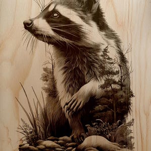 Puede incluir: Una detallada obra de arte pirograbada en madera que representa un mapache en un entorno forestal. El mapache se muestra con intrincados detalles de pelaje, una máscara negra y una mirada concentrada. El fondo incluye árboles, agua y follaje.