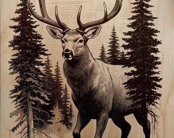 Elk Among Pines Wood Engraving PNG, Laser File for Slate Wood Stone Metal, Antlers Forest Digital Download