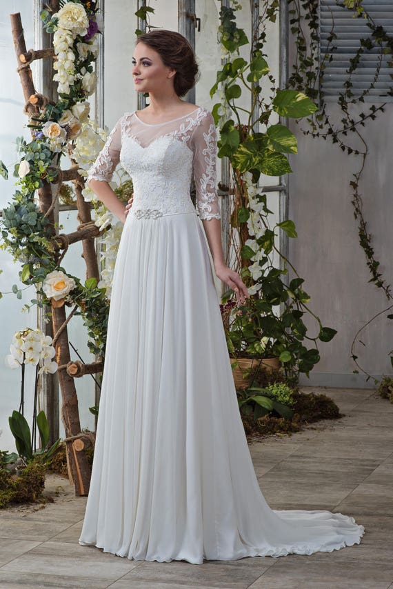 Wedding Dress Plain Heart Tapestry Lace Sleeve 3 4 Beadwork Etsy