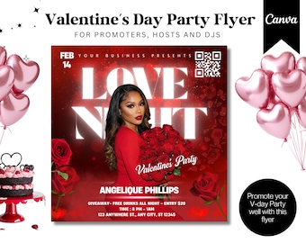 Valentine’s Day Party Flyer Template | Romantic Red Event Flyer | Nightclub & Lounge Promotion Flyer, Editable, Instant Download