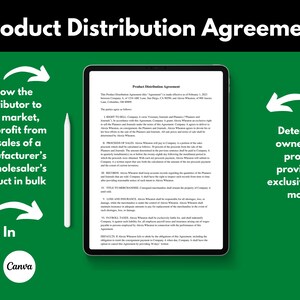 May include: A digital tablet displaying a Product Distribution Agreement. The agreement outlines the terms of a distribution agreement between a company and a distributor. The agreement includes sections on the right to sell, procedures of sales, records, title to merchandise, loss and insurance, and payment terms. The agreement is dated February 1, 2023.