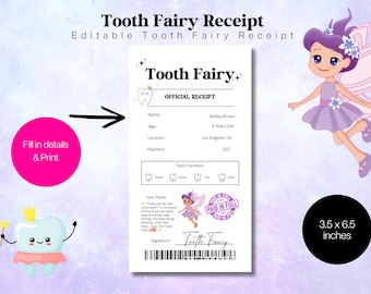 Recibo del Hada de los Dientes / Recuerdo mágico imprimible para niños | Descarga digital