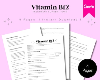 Redigerbar mall för samtyckesblankett för injektion av vitamin B12 | Utskrivbar medicinsk blankett för kliniker, medicinska spa och hälsocenter, Canva-mall