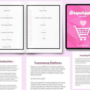 Może przedstawiać: R&oacute;żowo-biały tablet cyfrowy z tekstem "Dropshipping Secrets" i ikoną koszyka na zakupy. Tablet znajduje się na r&oacute;żowo-białym tle. Tekst "The VisionPreneur" znajduje się na dole tabletu. Obraz zawiera r&oacute;wnież spis treści do przewodnika po dropshippingu.
