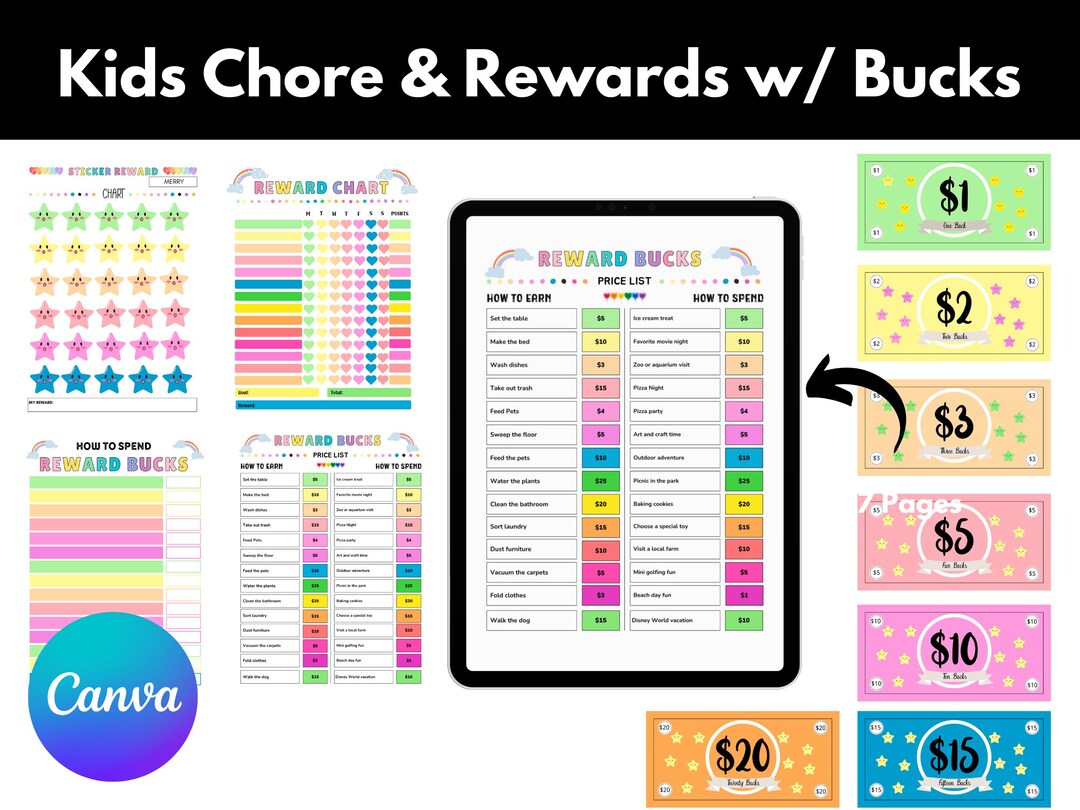 Kids Chore Chart & Play Money System: Rainbow Reward Bucks (canva ...