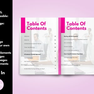 May include: A pink and white document template with the words "Table of Contents" in large pink text. The document includes sections on customer service, with the Canva logo at the bottom.